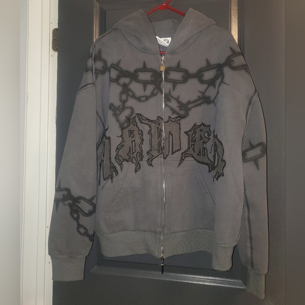 Gray Zip-Up Hoodie Jacket with Chain Graphic